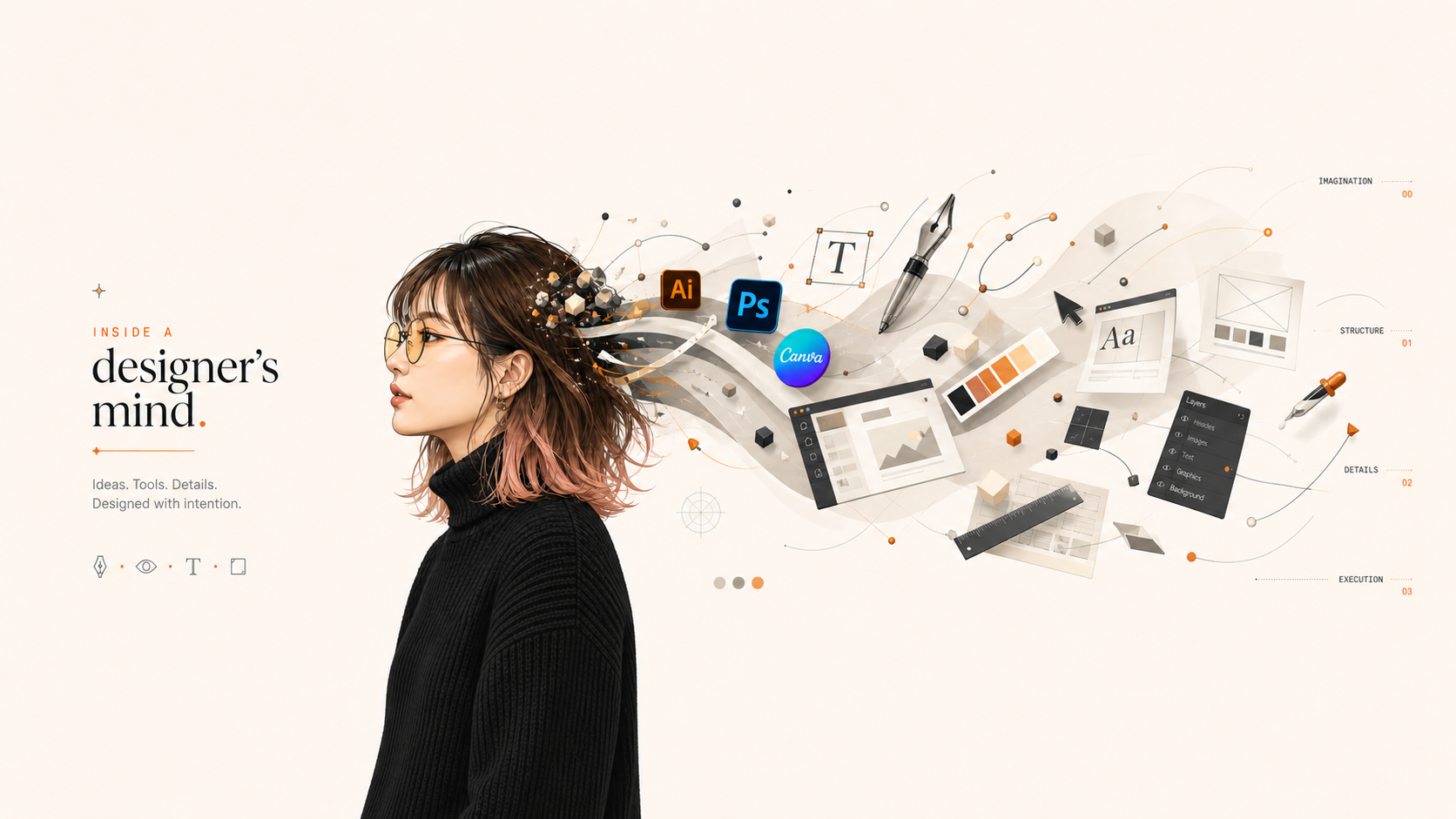 Inside a designer's mind。デザイナーの頭の中からツールやアイデアが流れ出すイメージ